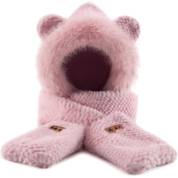 Women's Pink Winter Cute Bear Ear Hat Scarf 3 In 1 Faux Fur Gloves Set - Picture 1 of 9